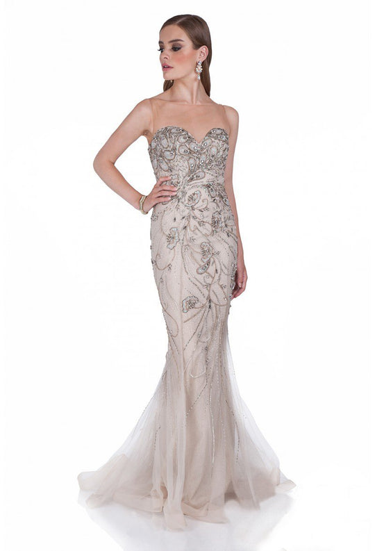 Terani Couture - 1611GL0462A Bejeweled Illusion Bateau Trumpet Dress in Neutral