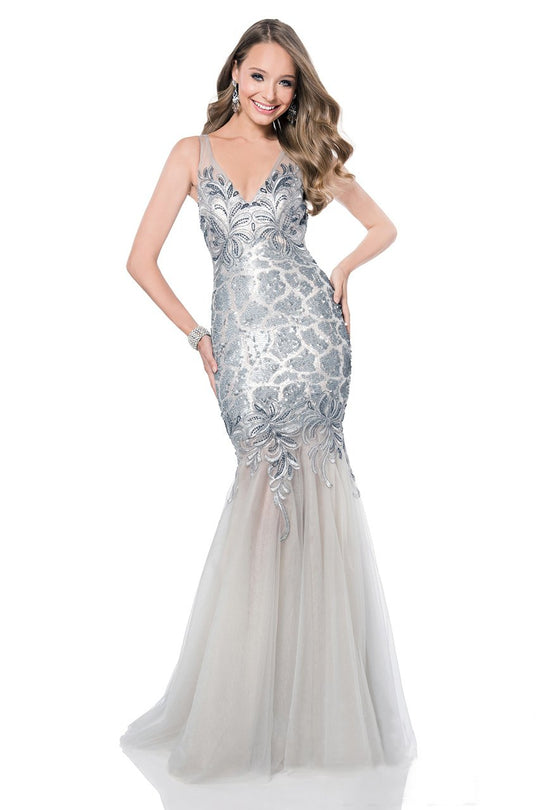 Terani Couture - 1611GL0495A Sequined V-neck Tulle Trumpet Dress in Silver