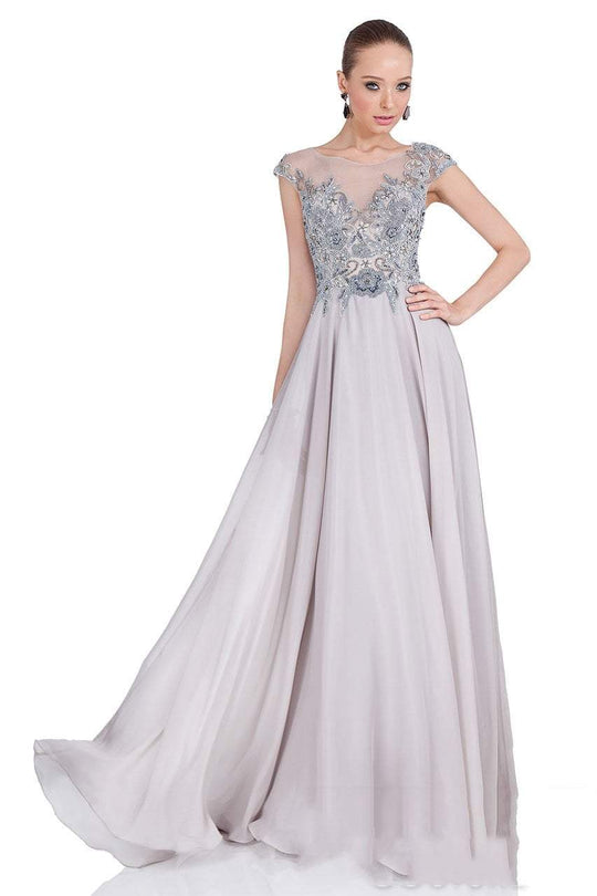 Terani Couture - Embellished Cap Sleeves Long Dress 1611M0617B in Silver