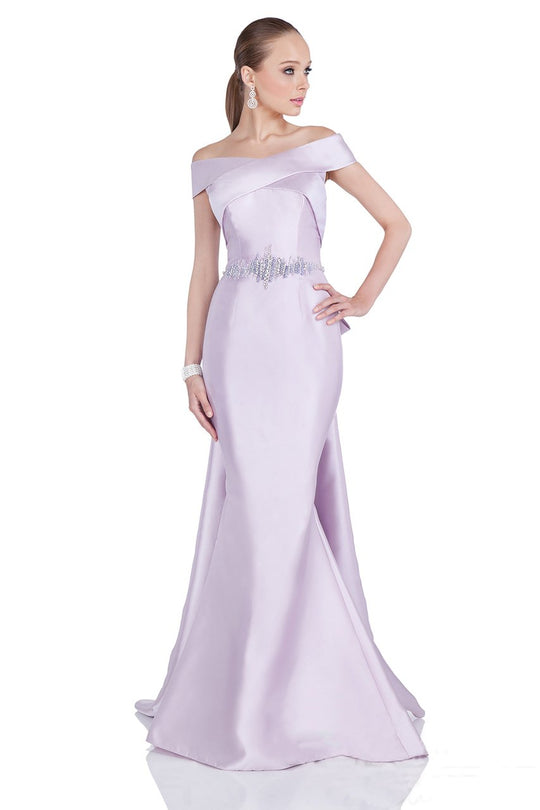 Terani Couture - Radiant Off-shoulder Dress with Sweep Train 1611M0620 In Purple