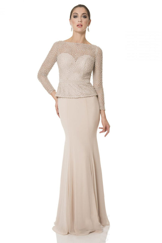 Terani Couture - Pearl Encrusted Illusion Neck Fit and Flare Mother of the Bride Gown 1611M0628 In Neutral