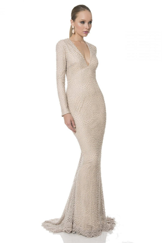 Terani Couture - Plunging V-Neck Embellished Mermaid Gown 1611M0629A In Brown and Neutral