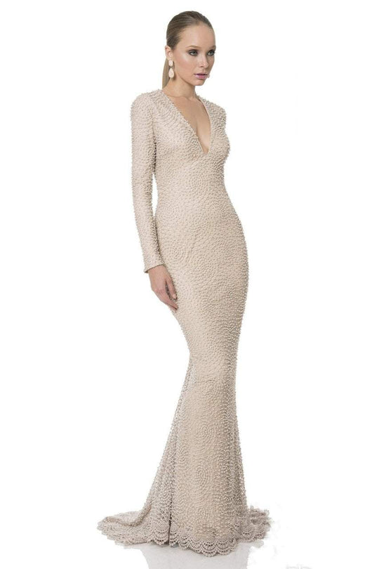 Terani Couture - Sequined V Neck Sleeveless Long Dress 1611M0629B in Neutral