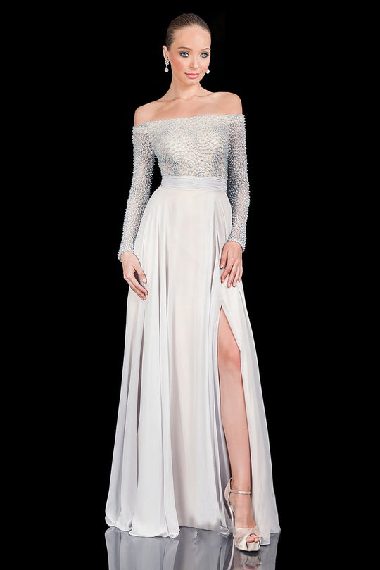 Terani Couture - Daring Off-shoulder with Elegant A-line Skirt 1611M0631 in Silver and Neutral