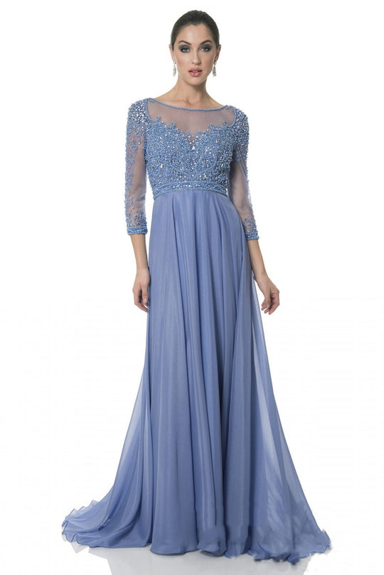 Terani Couture - Crystal Beaded Quarter Sleeve Illusion Long Gown 1611M0642A In Blue