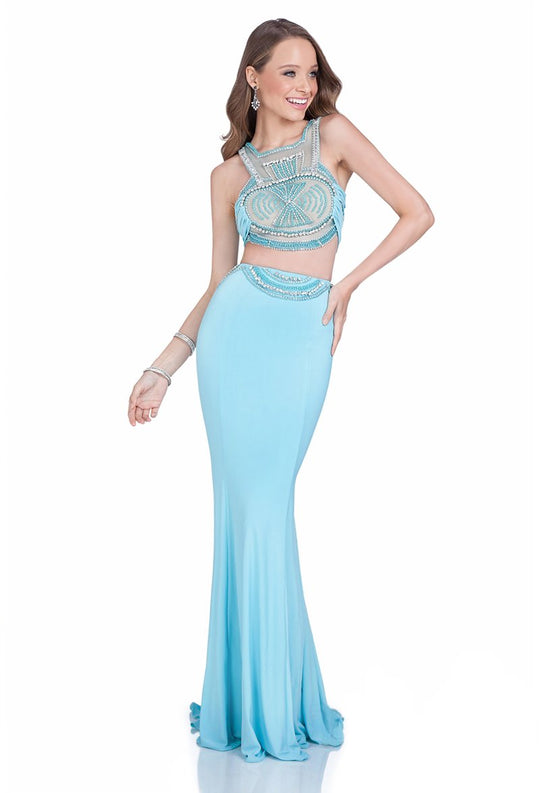 Terani Couture - 1611P1005A Two-piece Halter Neck Sheath Dress in Blue