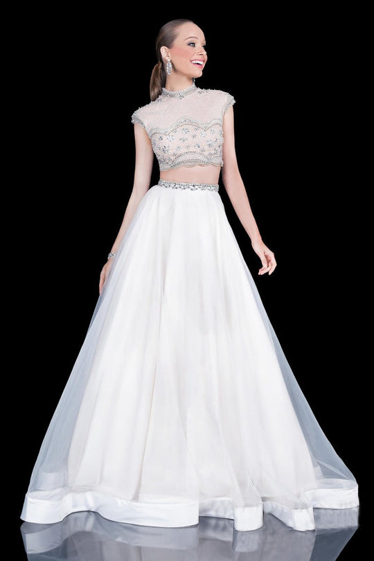 Terani Couture - Adorned Jewel Neck Two-Piece A-line Organza Gown 1611P1007A in White and Neutral