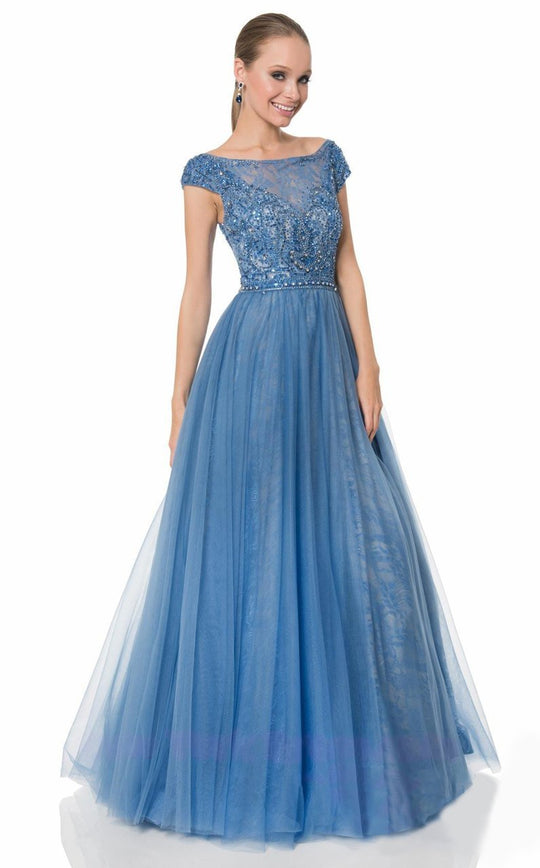 Terani Couture - 1611P1236G Crystal Embellished Pleated Gown In Blue