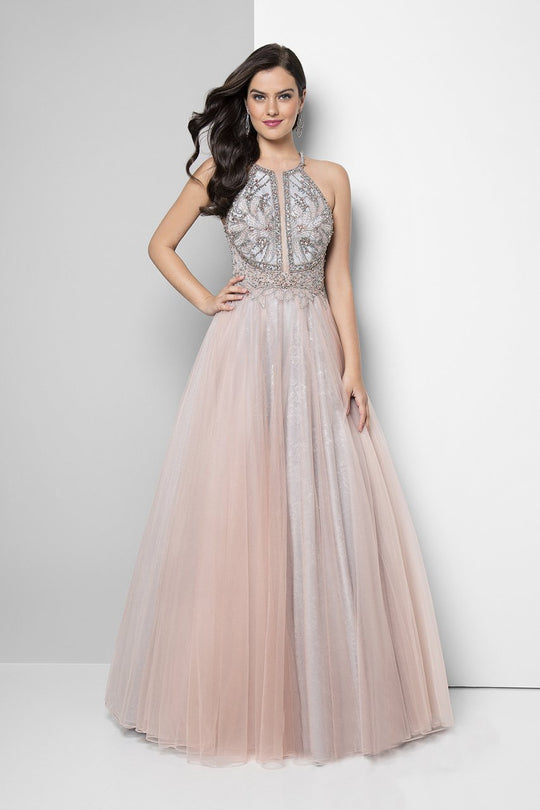 Terani Couture - 1611P1238D Illusion Panel High Halter Gown In Pink and Silver