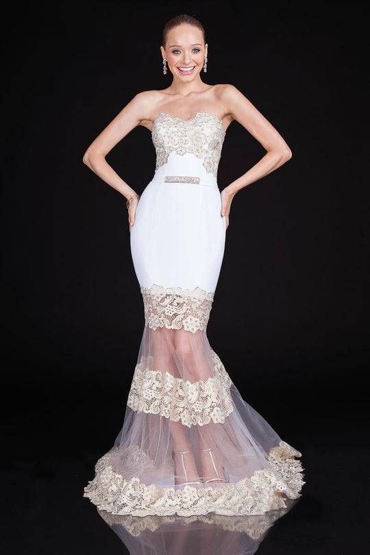 Terani Couture - 1611P1357A Embellished Modified Sweetheart Mermaid Dress in White and Gold