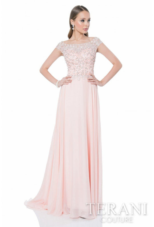 Terani Couture - Beaded Bateau Neck Gown 1611M0609B in Orange