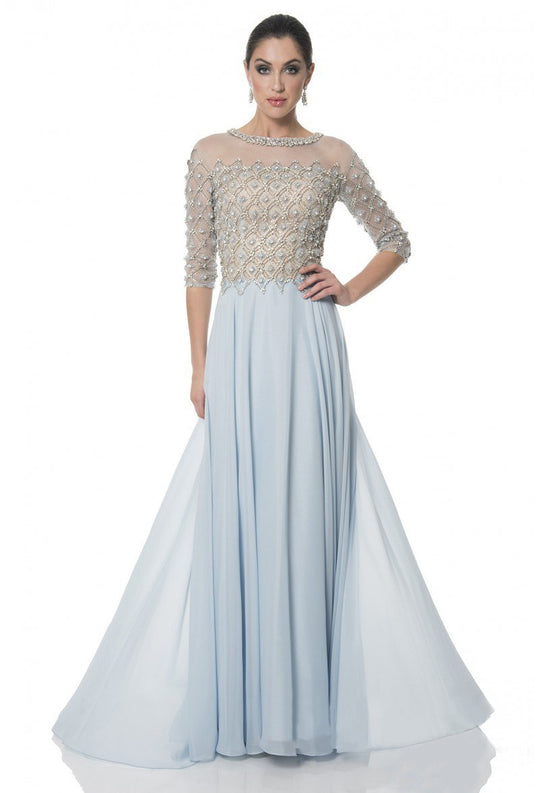 Terani Couture - 1611M0650A Embellished Illusion Bateau A-line Dress in Blue