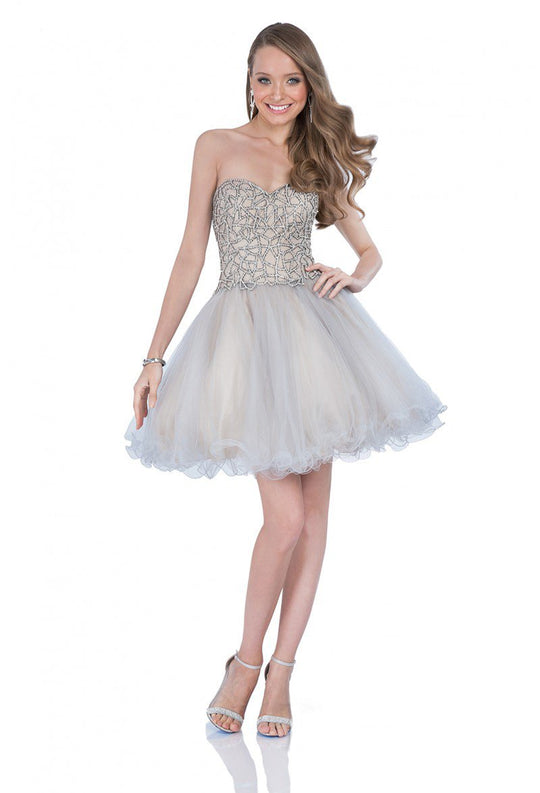 Terani Couture - 1611P0103A Strapless Beaded Tulle Cocktail Dress In Silver