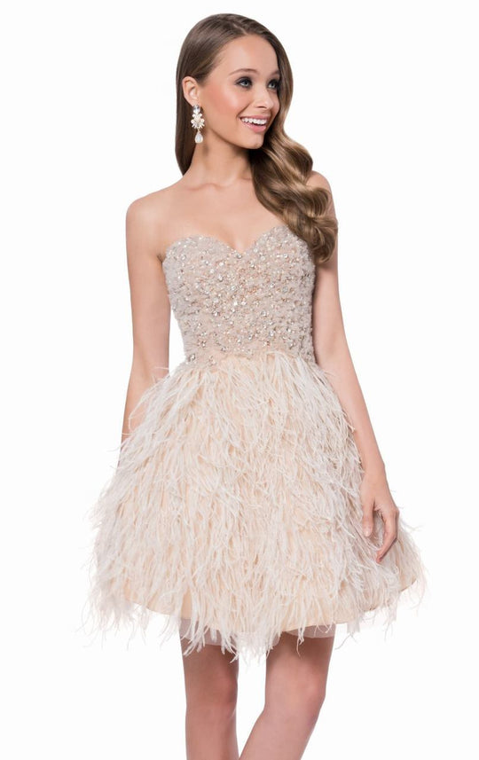 Terani Couture - Feathered Strapless Cocktail Dress 1611P0108 In Neutral