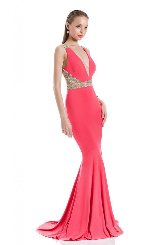 Terani Couture - 1611P0255A Bejeweled Plunging Neck Trumpet Gown In Pink