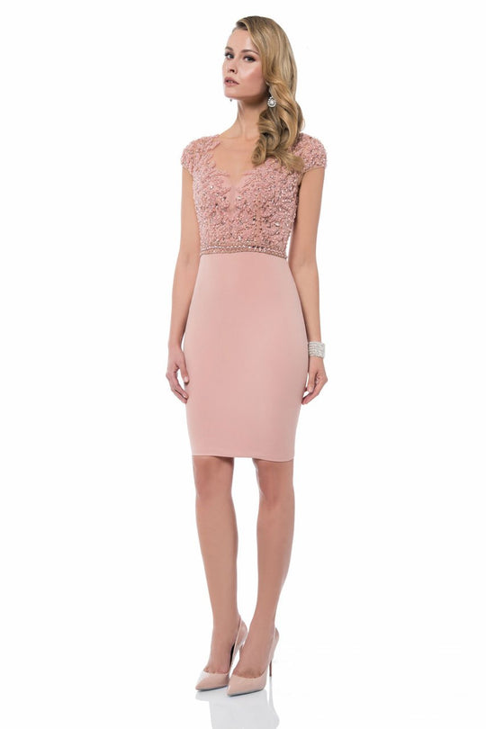 Terani Couture - Sparkling Cocktail Dress with Cap Sleeves 1612C0056 in Pink