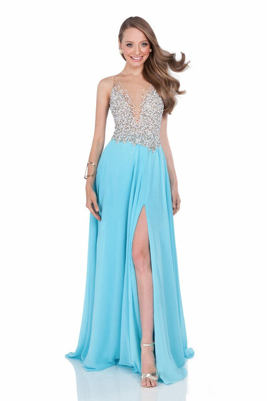 Terani Couture - Pearl Encrusted Illusion Evening Gown 1612P0502A In Blue and White