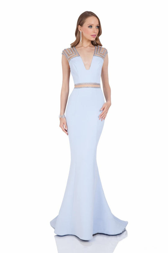 Terani Couture - V Neck Cap Sleeves Mermaid Gown 1612P0570B in Blue