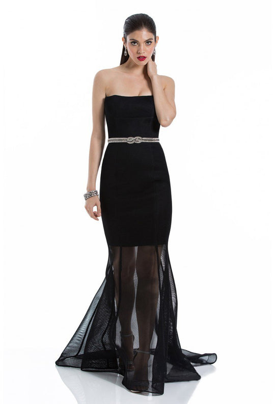 Terani Couture - 1612GL0511A Bedazzled Illusion Bateau Trumpet Dress in Brown