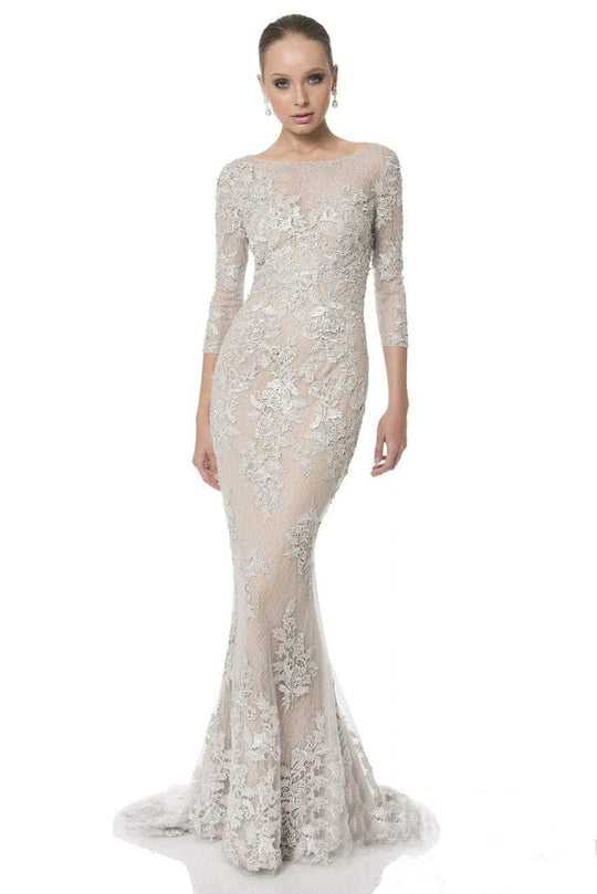 Terani Couture - Illusion Lace Mermaid Gown  1613E0355B in Neutral and Silver