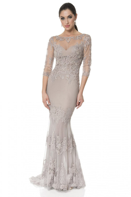 Terani Couture - Sumptuous Lace and Beaded Illusion Neck Chiffon Fit and Flare Gown 1613E0359A In Brown