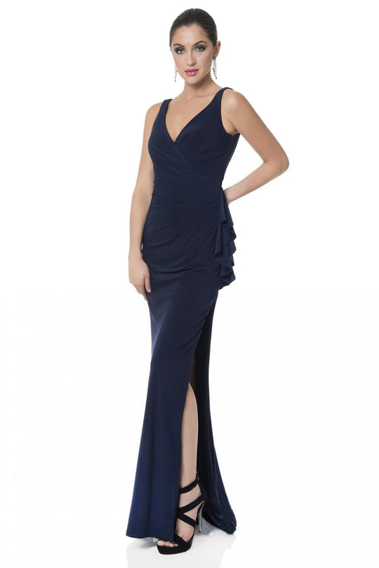 Terani Couture - Chic Gathered V-neck Sheath Gown 1613E0374A In Blue