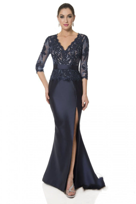 Terani Couture - Gorgeous 3/4 Sleeve Laced and Beaded V-Neck Fit and Flare Gown 1613M0718A in Blue