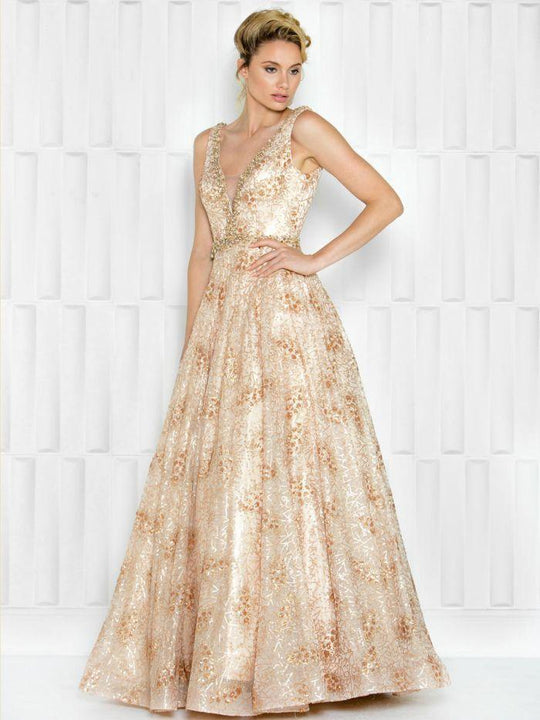 Colors Dress - 1614 Sequined A-line Evening Gown in Gold