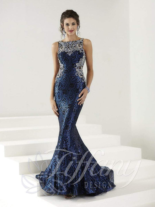 Tiffany Homecoming - Illusion Back with Fully Sequin Embellishment Trumpet Dress 16149 In Blue and Black