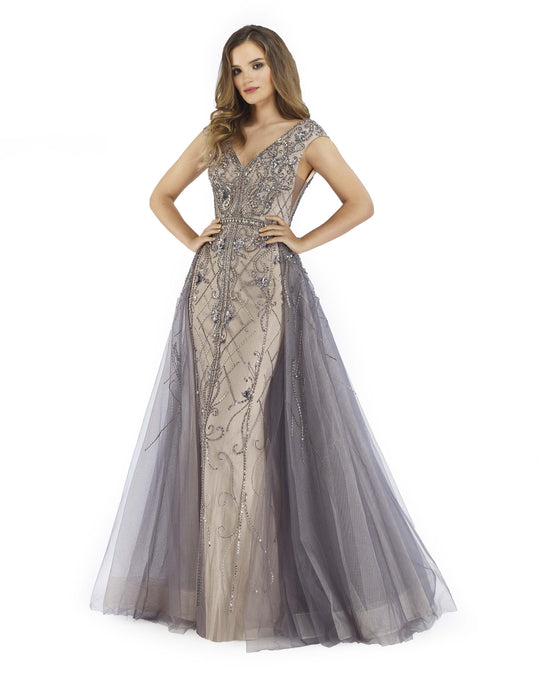 Morrell Maxie - 16149 Bedazzled V-neck Trumpet Dress With Overskirt In Gray