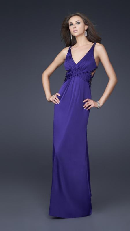 La Femme 16152 Deep V-neckline with Strappy Back Evening Dress In Majestic Purple