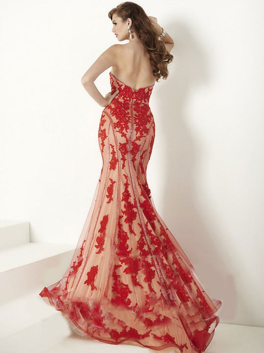 Tiffany Homecoming - Sweetheart with Bead and Lace Applique Embellishment Trumpet Gown In Red and Neutral