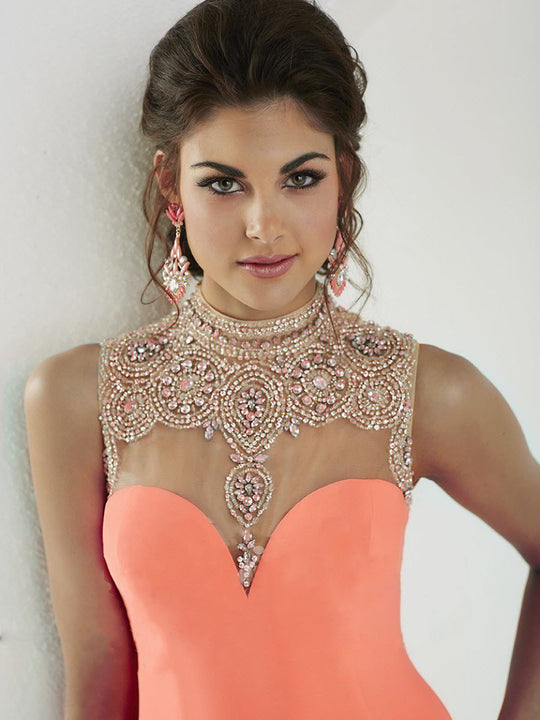 Tiffany Homecoming - Rhinestone Embellished High Neckline Mermaid Dress 16159 In Orange