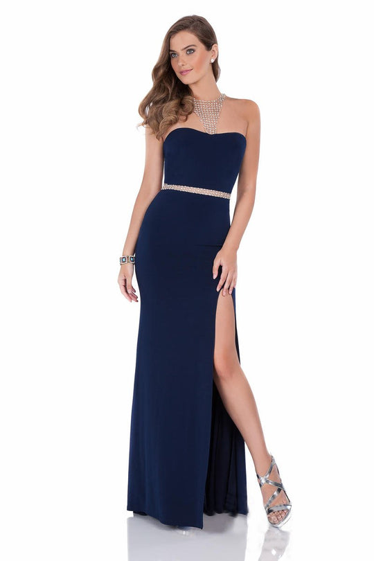 Terani Couture - 1615P1297G Bedazzled Halter Sheath Dress In Blue