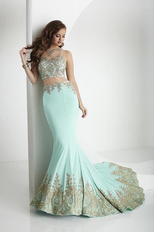 Tiffany Homecoming - Enchanting Jewel Illusion Trumpet Long Evening Gown 16160 In Blue and Gold