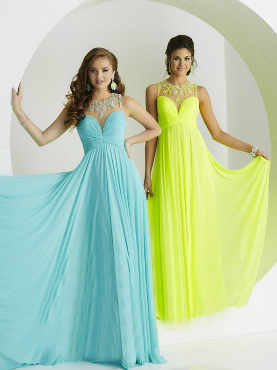 Tiffany Homecoming - Vibrant Jewel Illusion A-Line Long Evening Gown 16164 In Blue and  Yellow