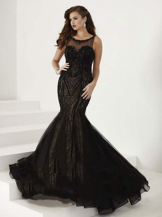 Tiffany Homecoming - Scoop Neckline Beaded Lace Mermaid Gown In Black and Neutral
