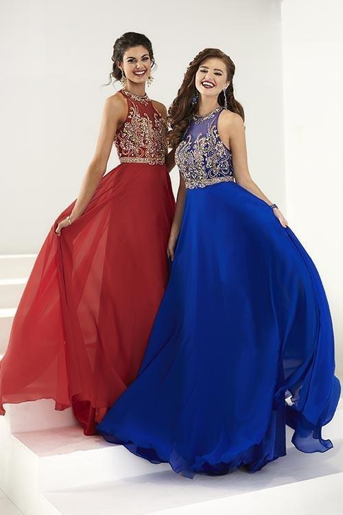 Tiffany Homecoming - Divinely Beaded Halter Silky Chiffon Long Gown 16166 In Red and Blue