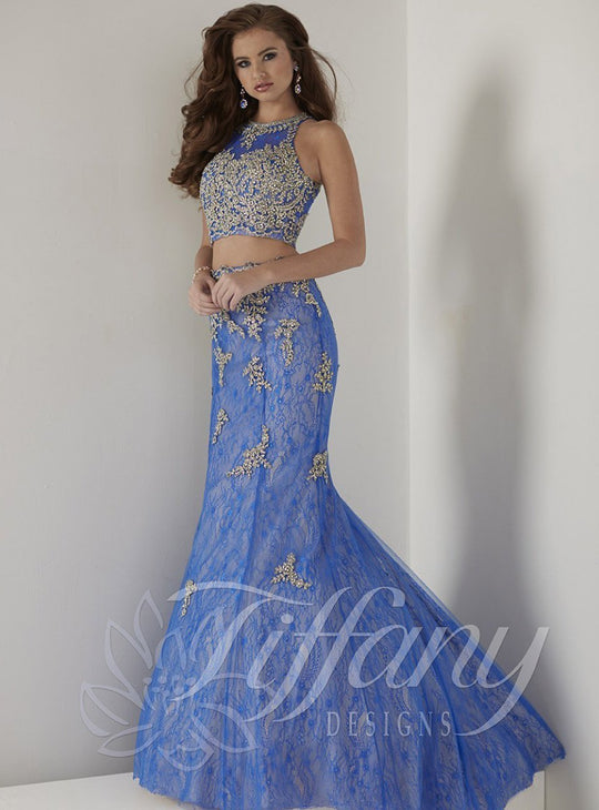 Tiffany Homecoming - Two-Piece Sleeveless with Metallic Lace Applique Mermaid Dress 16169 In Blue and Gold