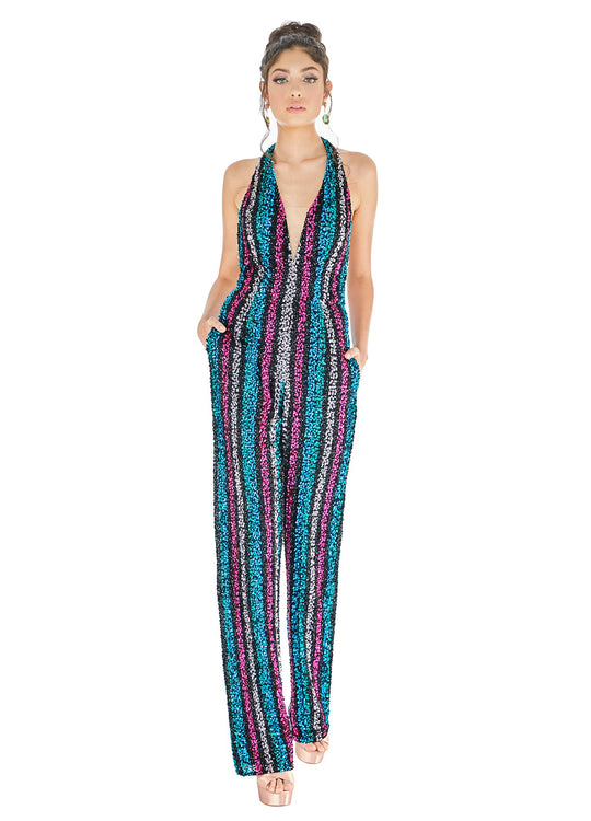 Ashley Lauren - 1616 Beaded Striped Deep V-neck Jumpsuit In Black and Multi-Color