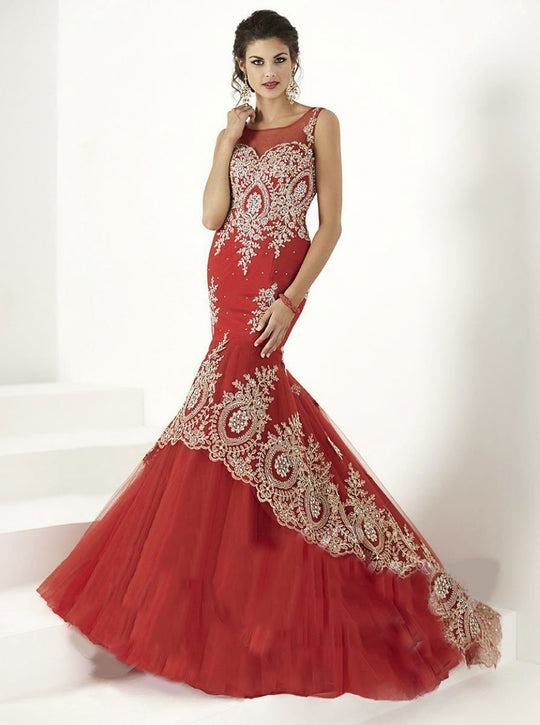 Tiffany Homecoming - Gorgeous Mermaid Gown with Metallic Hi-Low Applique 16171 In Red and Gold