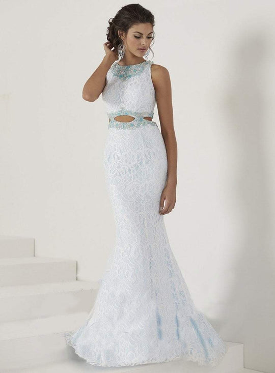 Tiffany Homecoming - Ornate Lace High Jewel Mermaid Evening Gown 16179 In White and Blue