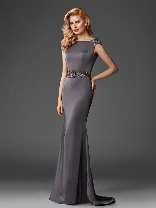 Clarisse - M6447 Bedazzled Bateau Sheath Dress in Gray