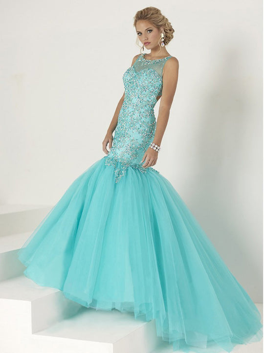Tiffany Homecoming - Sparkling Illusion Bateau Neckline with Tiered Mermaid Gown 16193 In Blue and Gold
