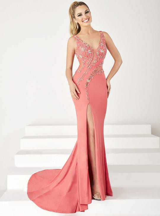 Tiffany Homecoming - Bead Accented V-neck Slim Flare Jersey Dress 16195 In Pink