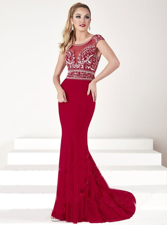 Tiffany Homecoming - Bead Crusted Bateau Illusion Evening Gown 16196 In Red