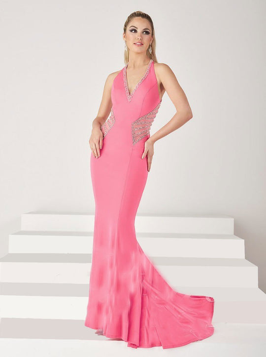 Tiffany Homecoming - Glamorous Beaded V-Neck Jersey Dress 16198 In Pink
