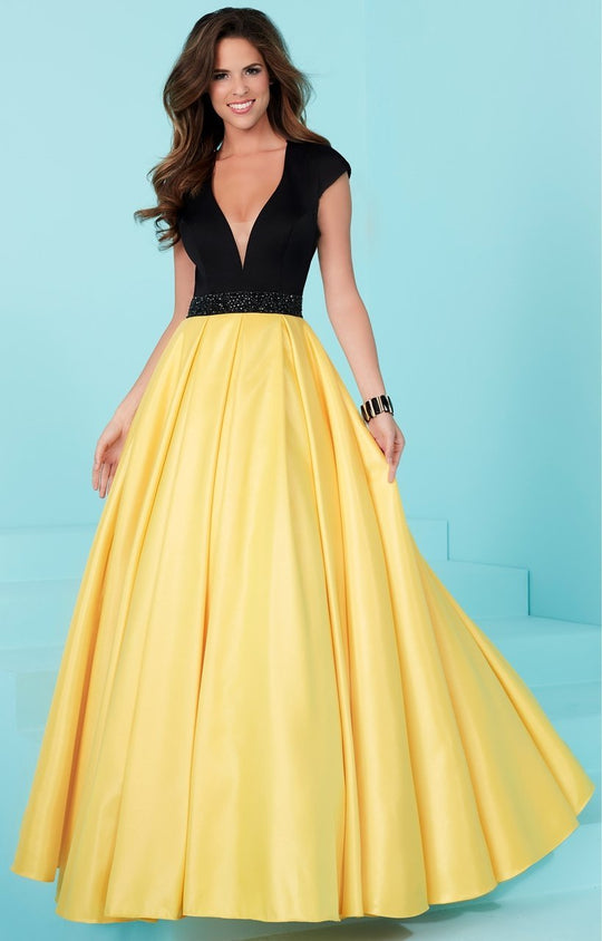 Tiffany Homecoming - 16200 Plunging V-Neck Two-Toned Ballgown In Black and Yellow