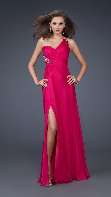 La Femme - Sleek Asymmetrical Sheath Gown with a Diamond Cutout 16206 in Pink