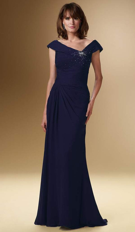 Rina di Montella - RD1621-1 Jeweled Asymmetric Tulle Gown With Shawl In Blue